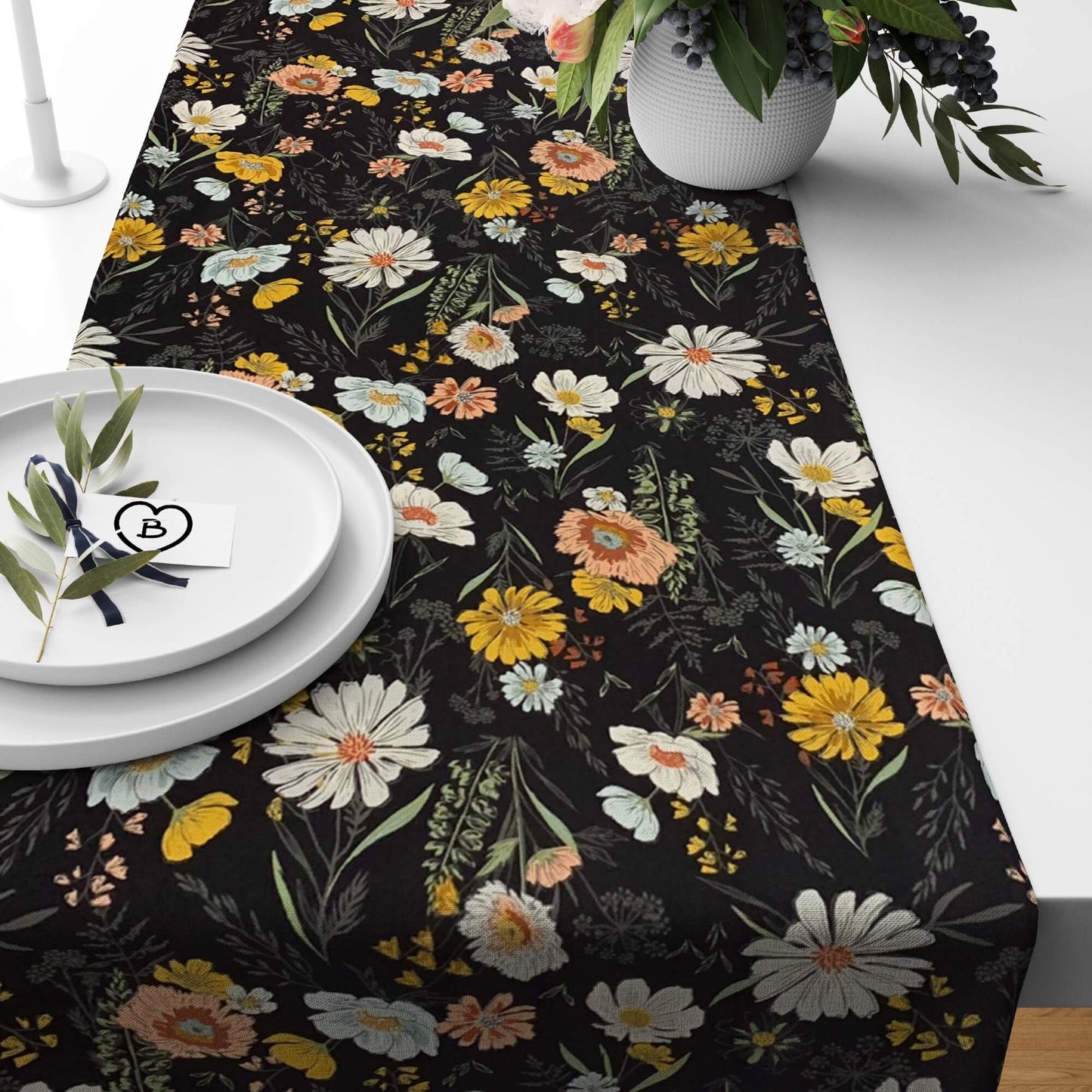 Wildflowers Charcoal Black Floral Table Runners and Placemats