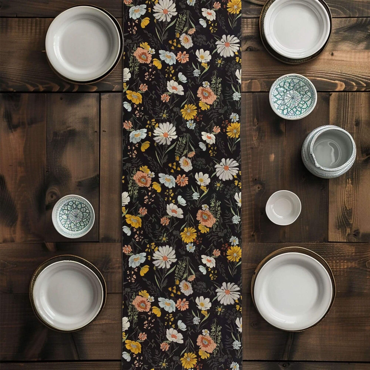 Wildflowers Charcoal Black Floral Table Runners and Placemats