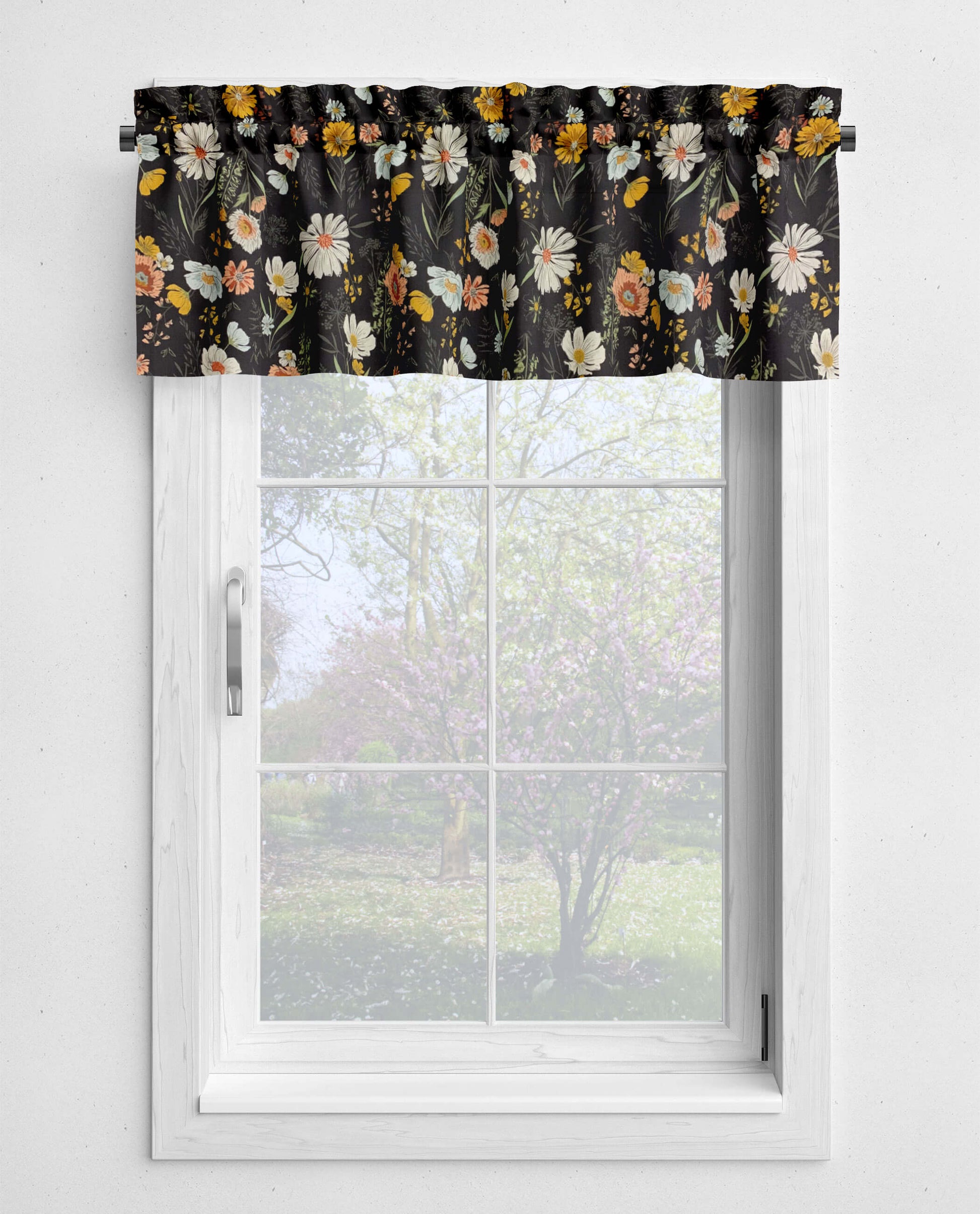 Wildflowers Charcoal Black Floral Kitchen Valances and Cafe Curtains