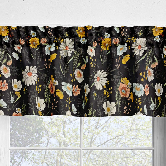 Wildflowers Charcoal Black Floral Kitchen Valances and Cafe Curtains