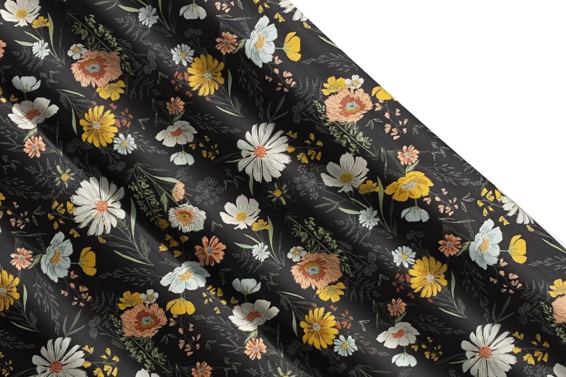 Wildflowers Charcoal Black Floral Kitchen Valances and Cafe Curtains