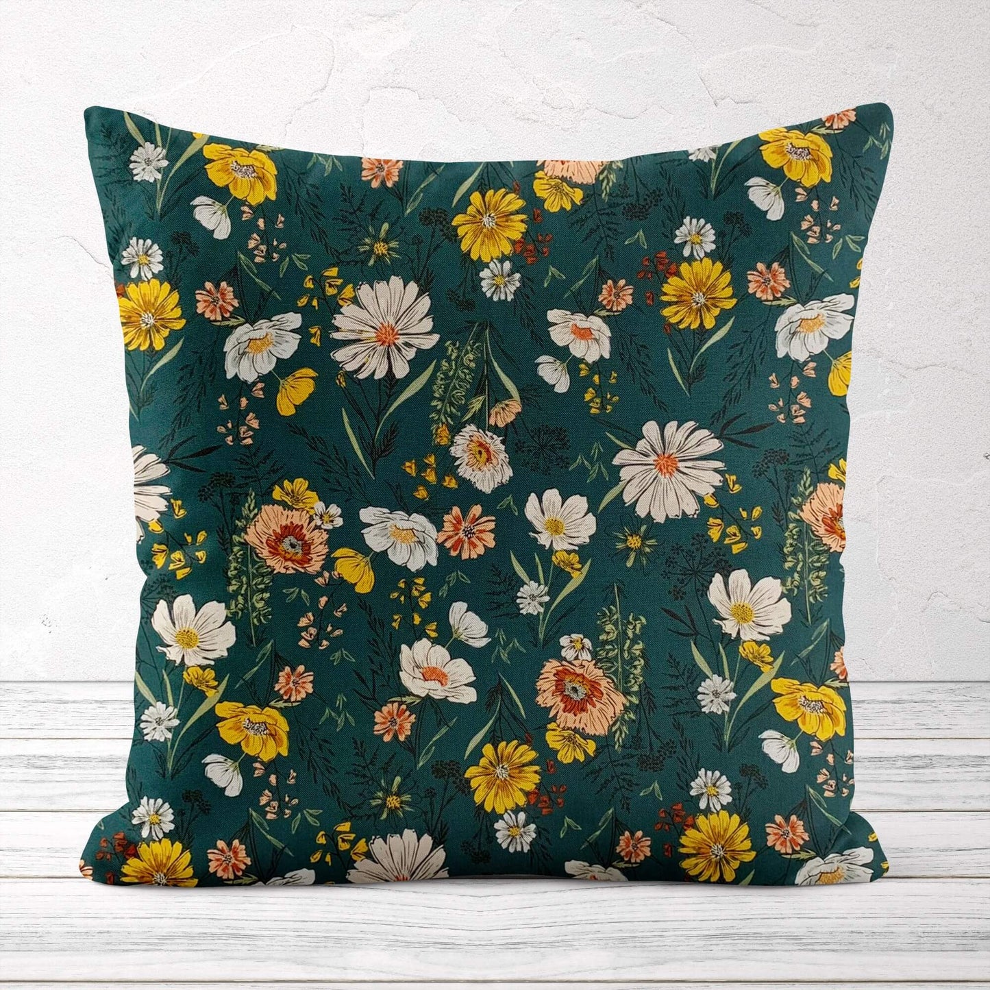 Woodland Wildflowers Teal Blue Throw Pillow Covers and Euro Shams