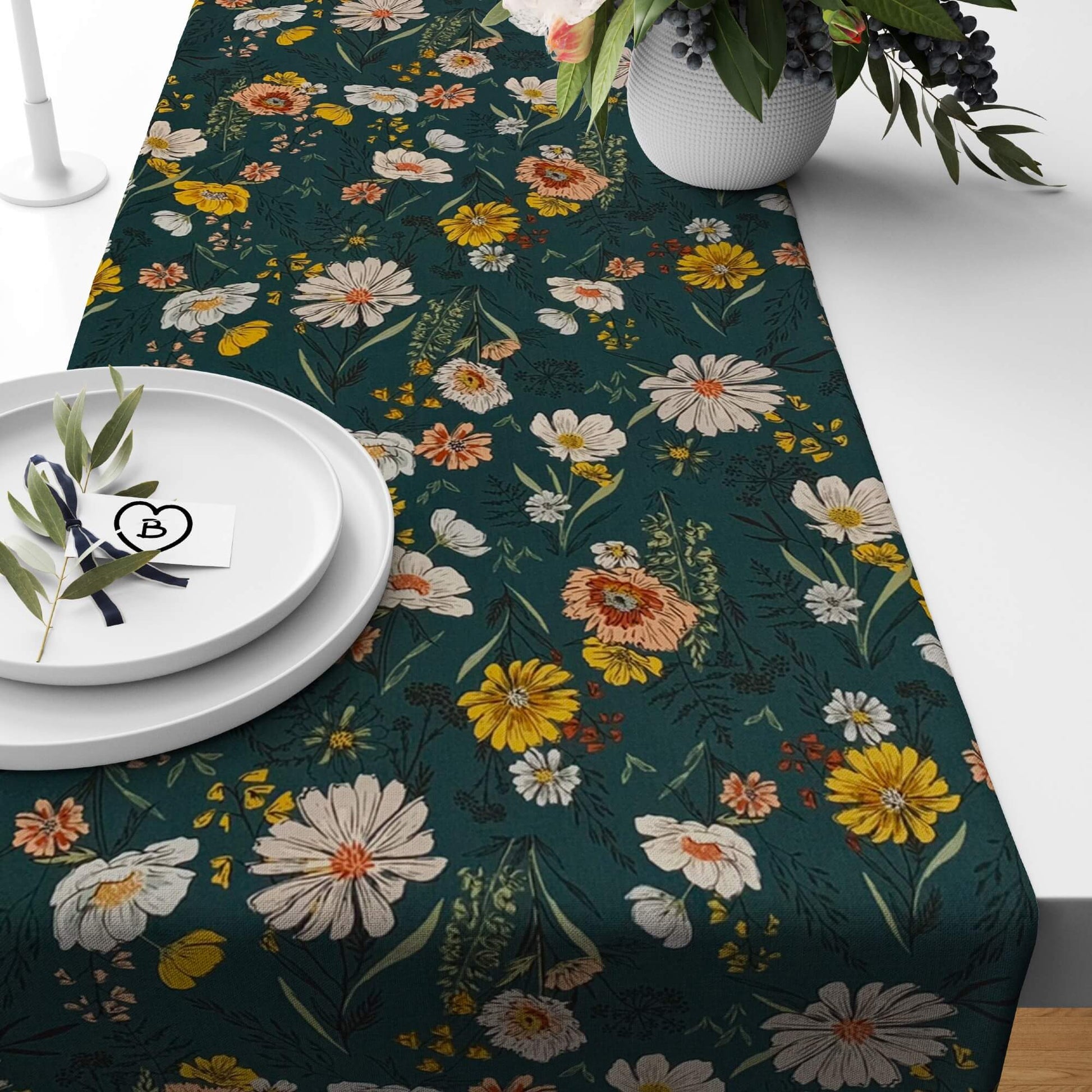 Woodland Wildflowers Teal Blue Floral Table Runners and Placemats