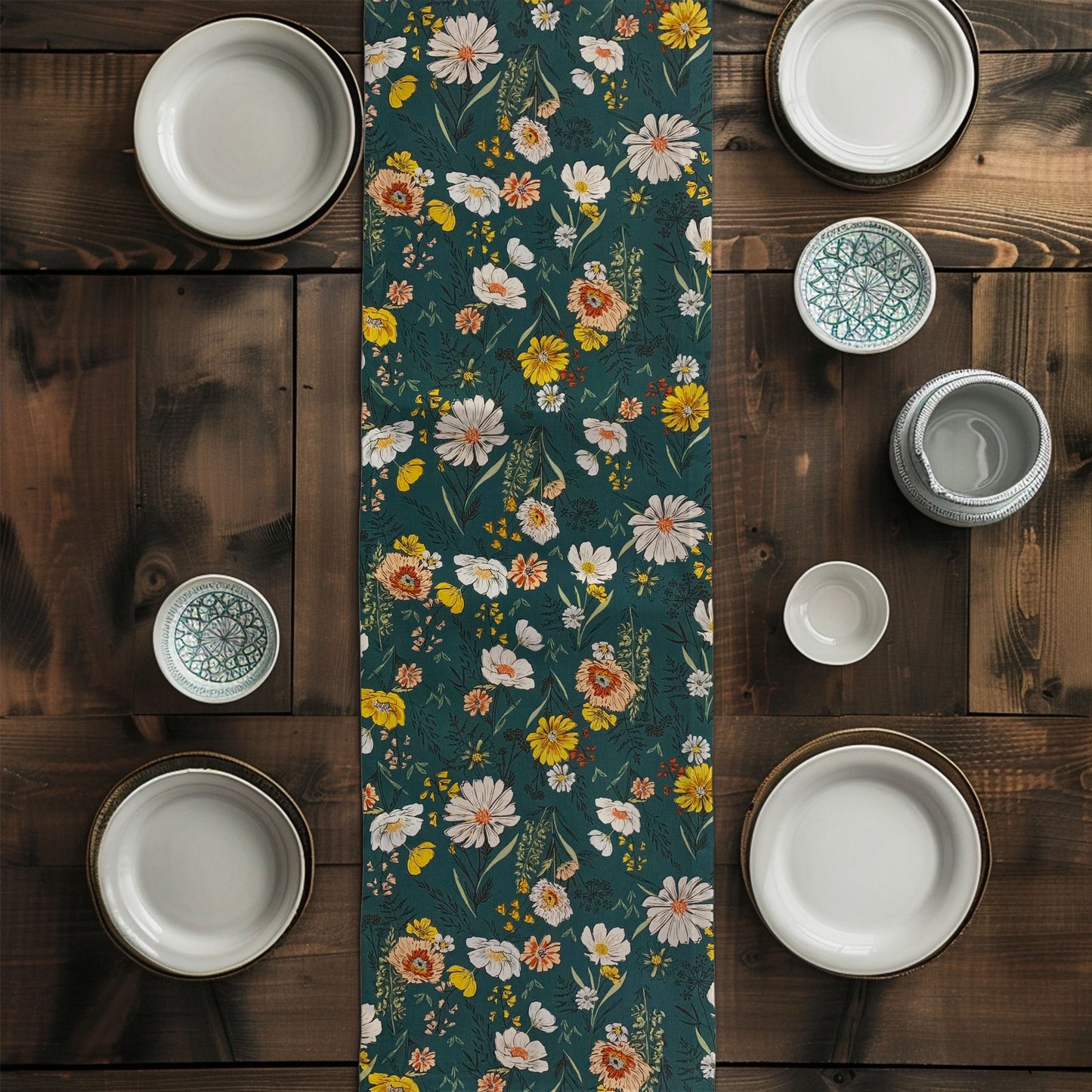 Wildflowers Teal Blue Floral Table Runners and Placemats