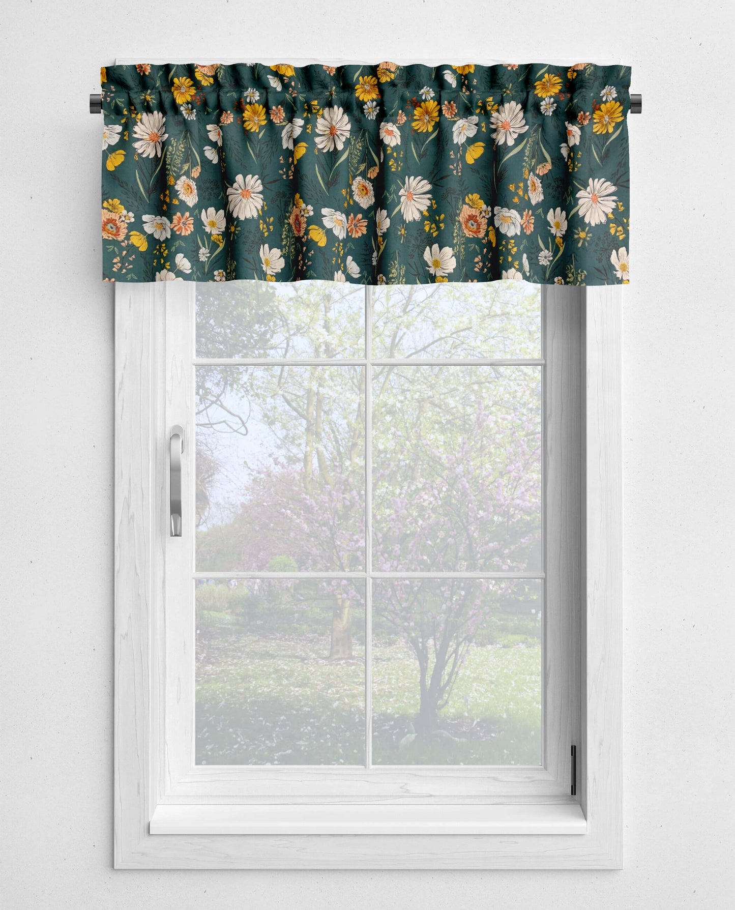 Wildflowers Teal Blue Floral Kitchen Valances and Cafe Curtains