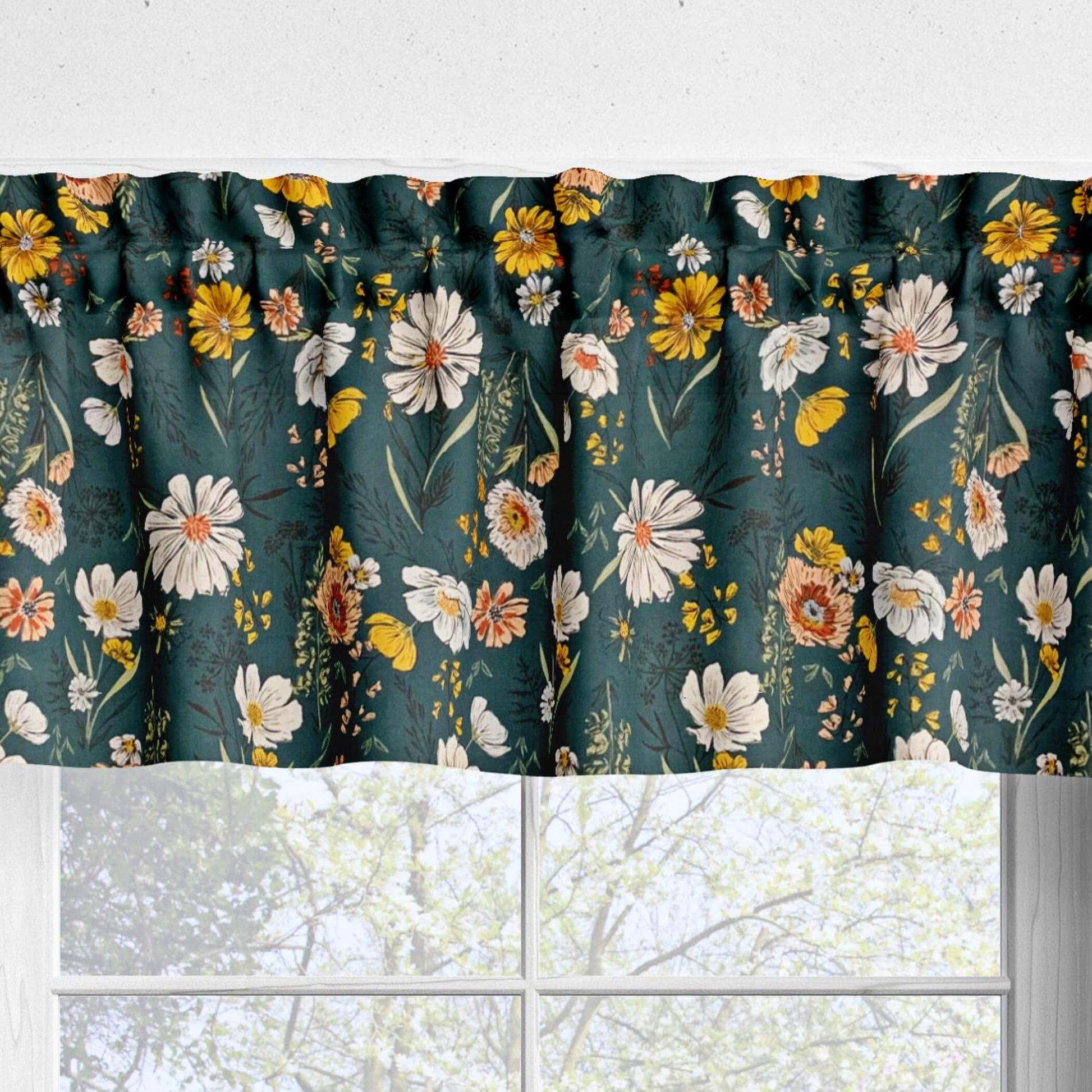 Wildflowers Teal Blue Floral Kitchen Valances and Cafe Curtains