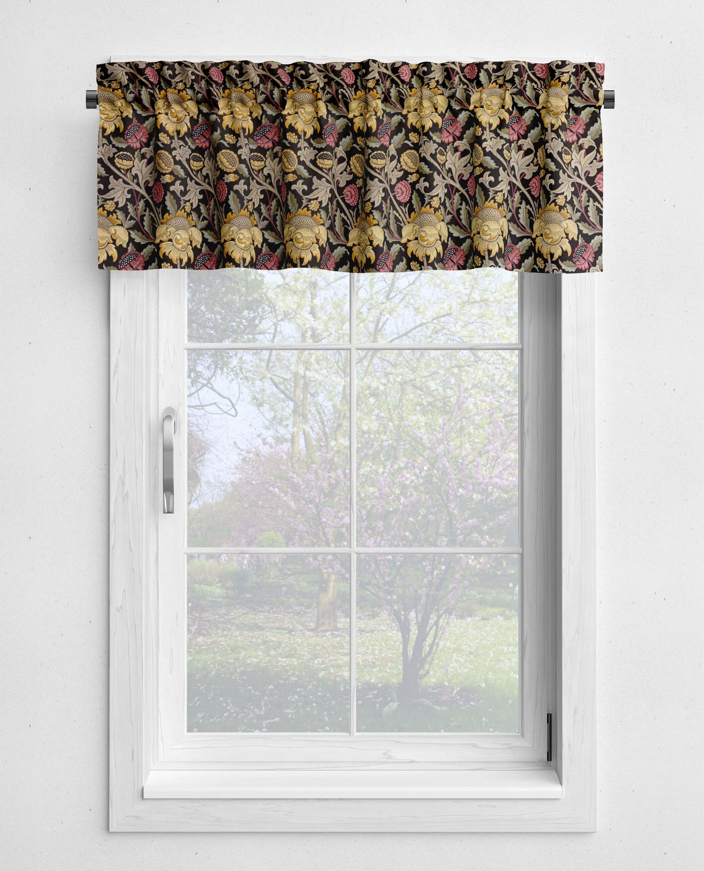 Morris Meadow Gold and Rose Floral Kitchen Valances and Cafe Curtains