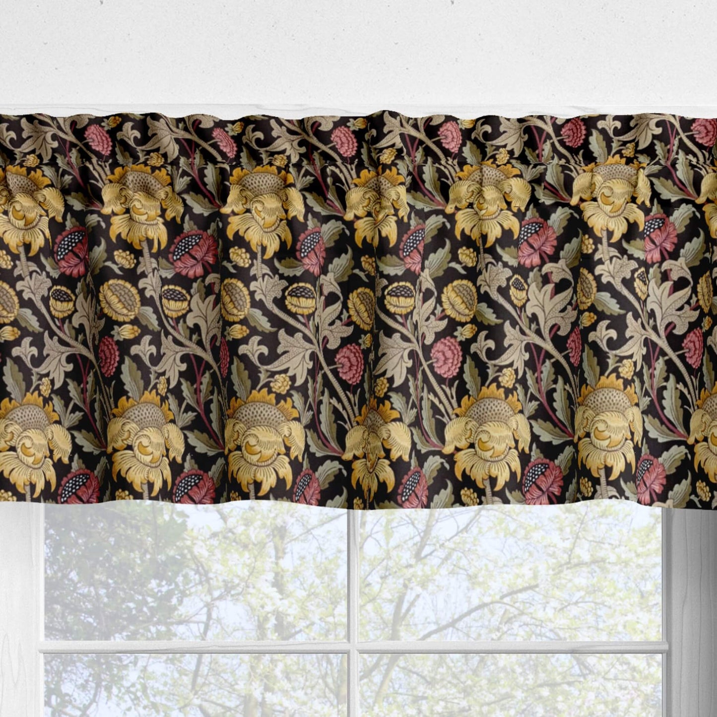 Morris Meadow Gold and Rose Floral Kitchen Valances and Cafe Curtains