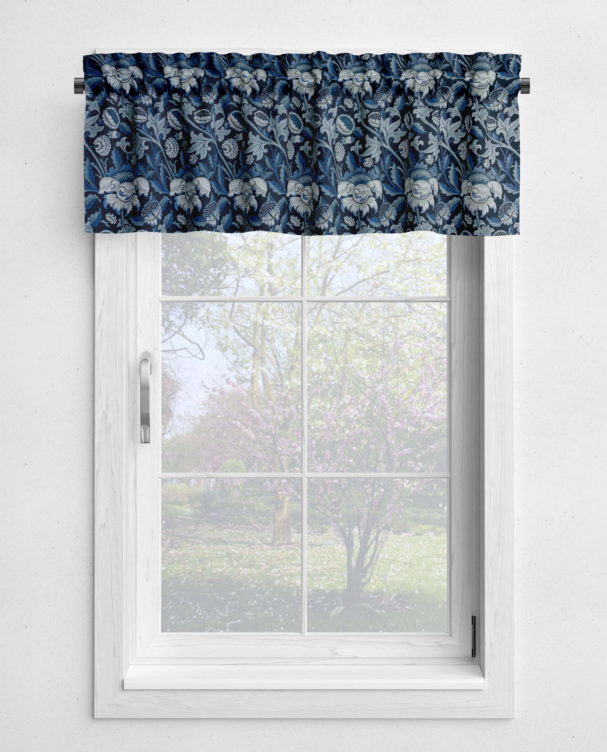 Morris Meadow Blue Floral Kitchen Valances and Cafe Curtains