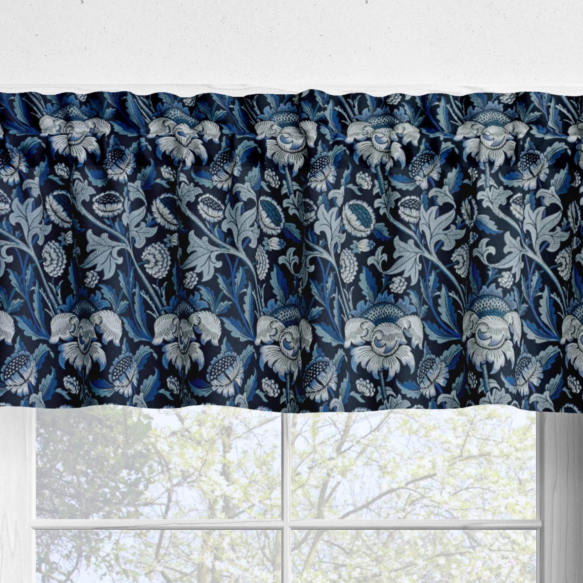 Morris Meadow Blue Floral Kitchen Valances and Cafe Curtains